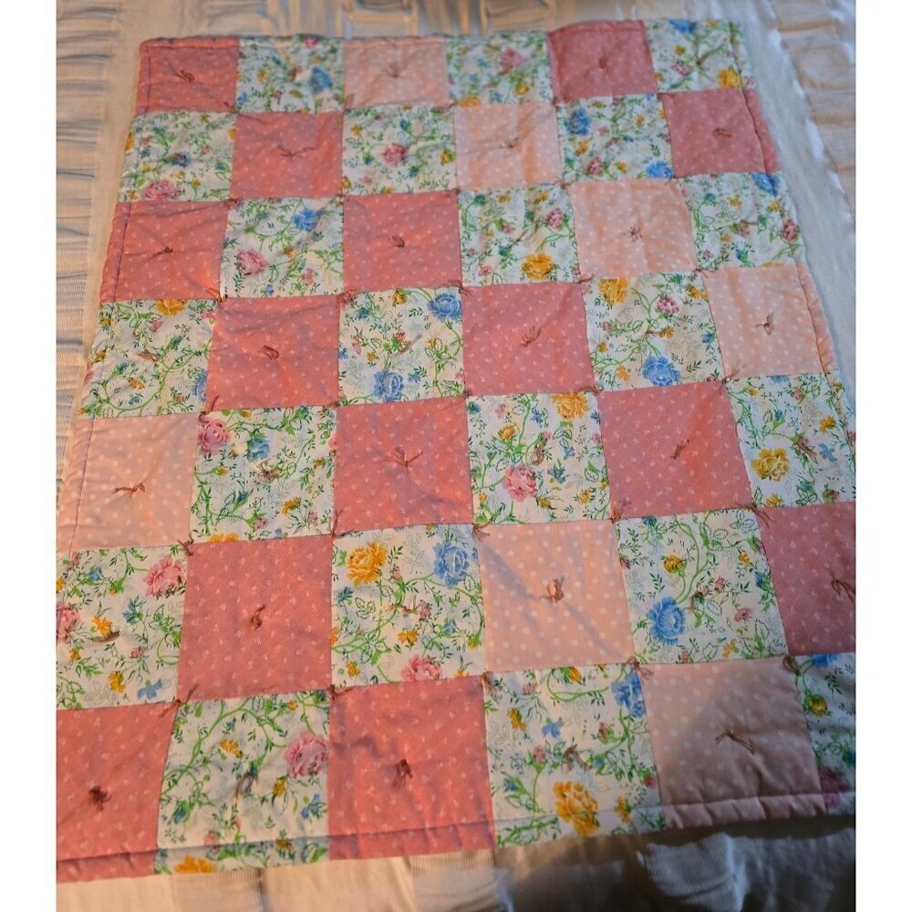 Vintage Shabby Chic Pink Cottagecore Patchwork Throw Blanket - Picture 2 of 11